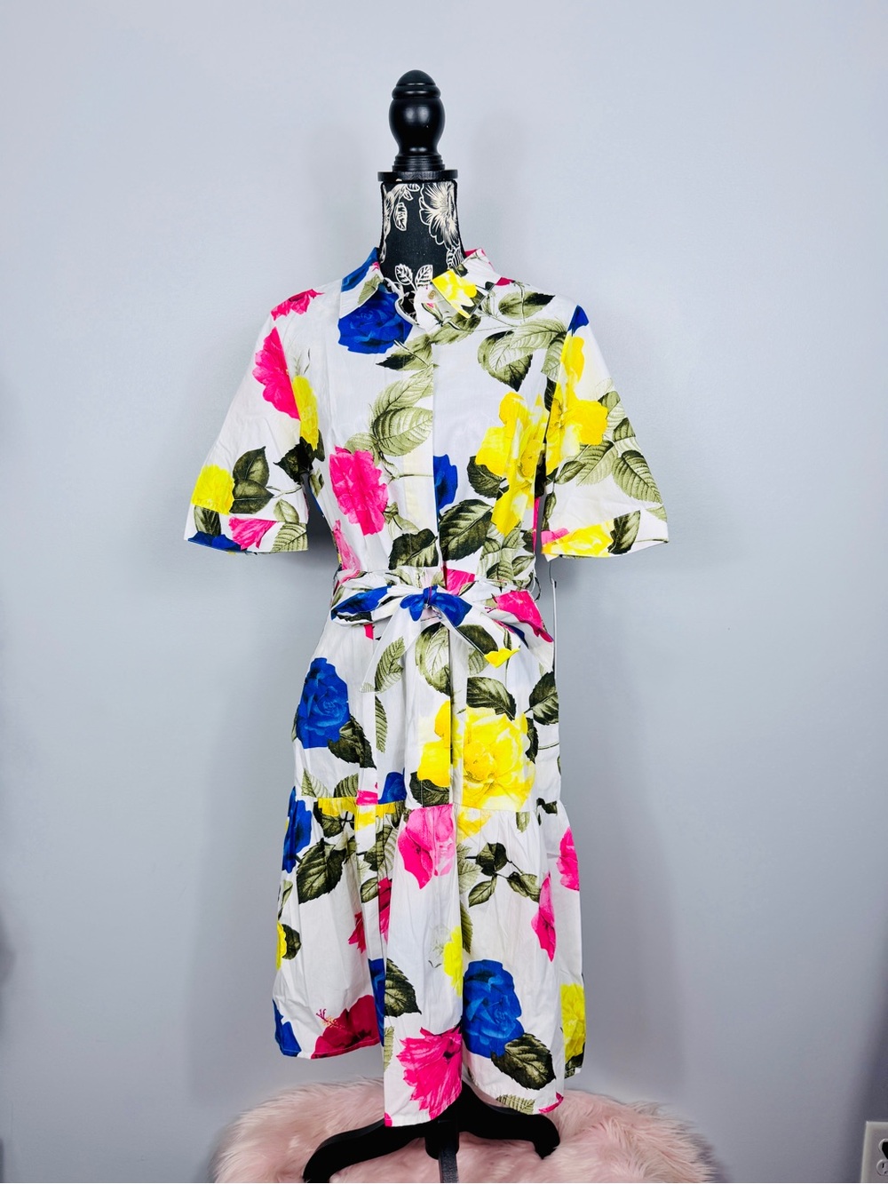 NWT Calvin Klein white vibrant flower 100% cotton peplum shirt dress size 10